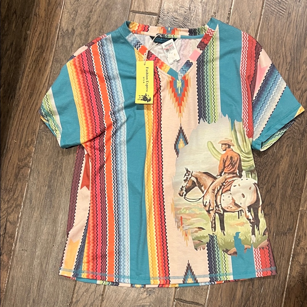 Multicolor Serape-Stripe V-Neck Blouse with Western Horse Print - Women